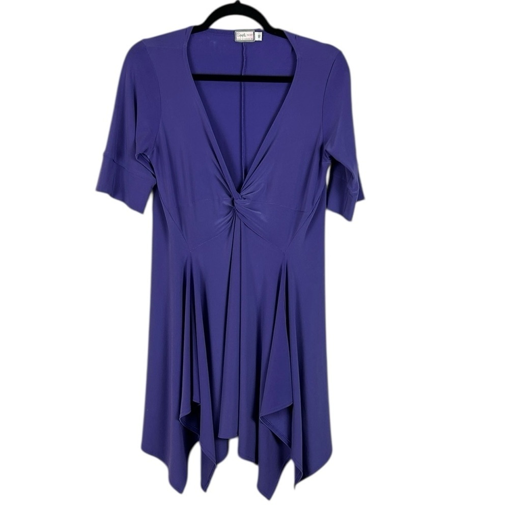Sympli Classic Silky Knit Asymmetrical Knotted Front Tunic Top Size 10 Purple
